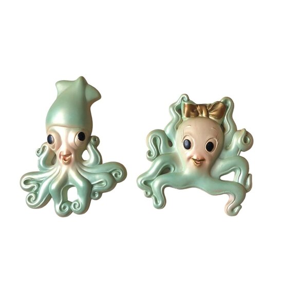 Vintage Chalkware Octopus Squid Wallhanging 1971 Miller Studio Green Gold Decor - Picture 2 of 12